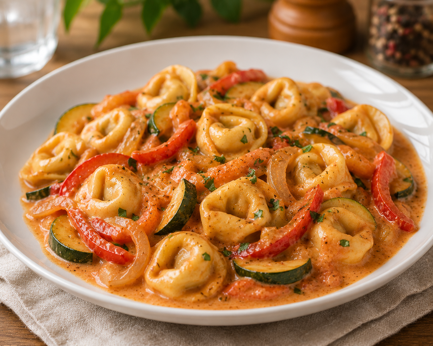 Tortellini au fromage, légumes & sauce rosée