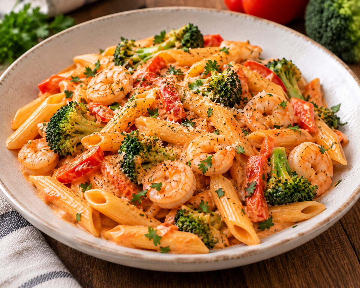 Penne aux crevettes sauce rosée