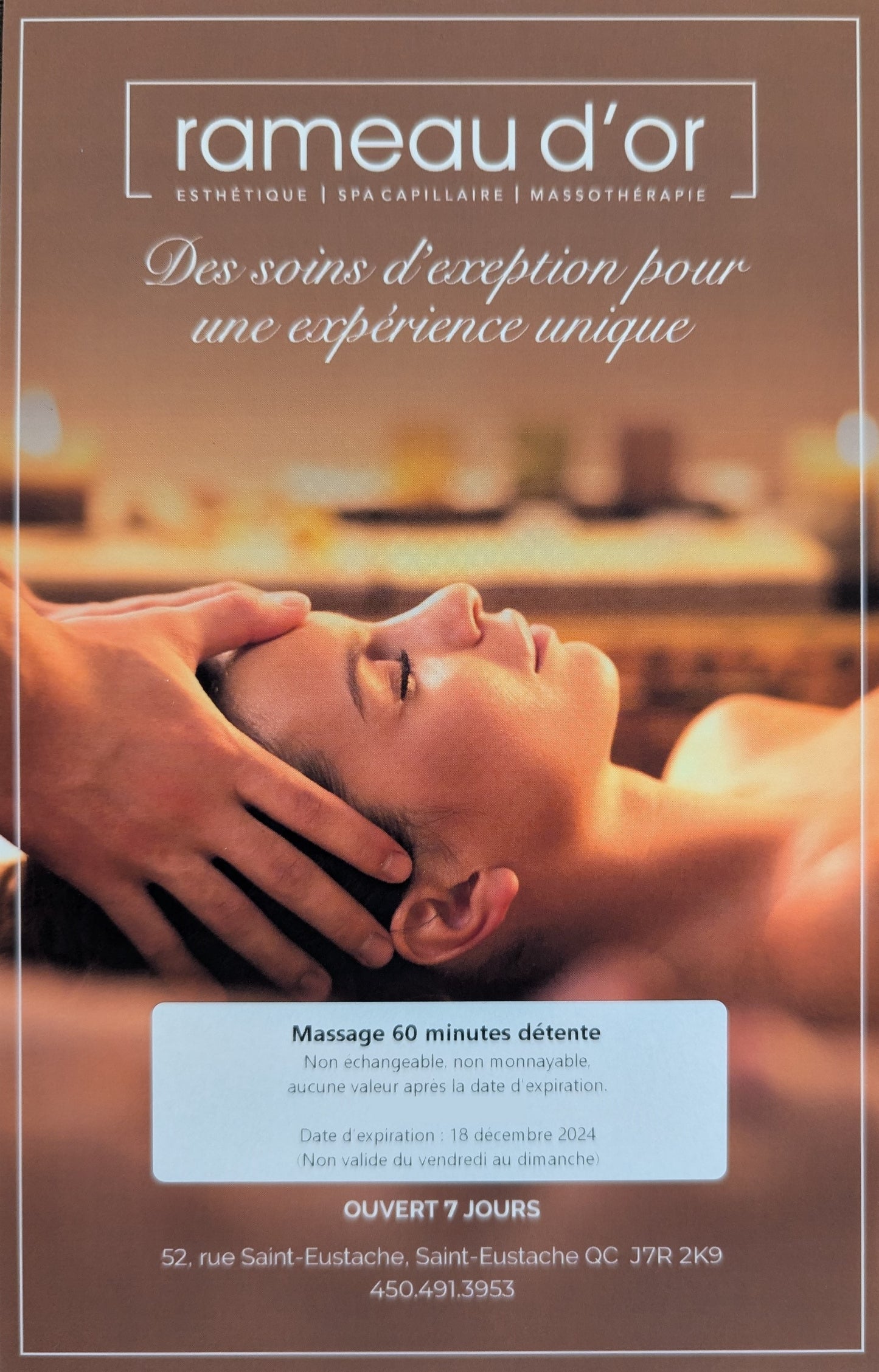 RAMEAU D'OR  -  Certificat cadeau pour massage 60 min. (Valeur de 90$)